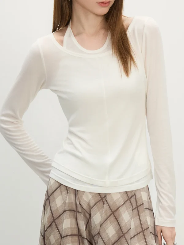 Fake Two Piece Halter Neckline Long Sleeves Women T Shirt Summer New Design Stylish Design with Wool Shirts 25FS12526