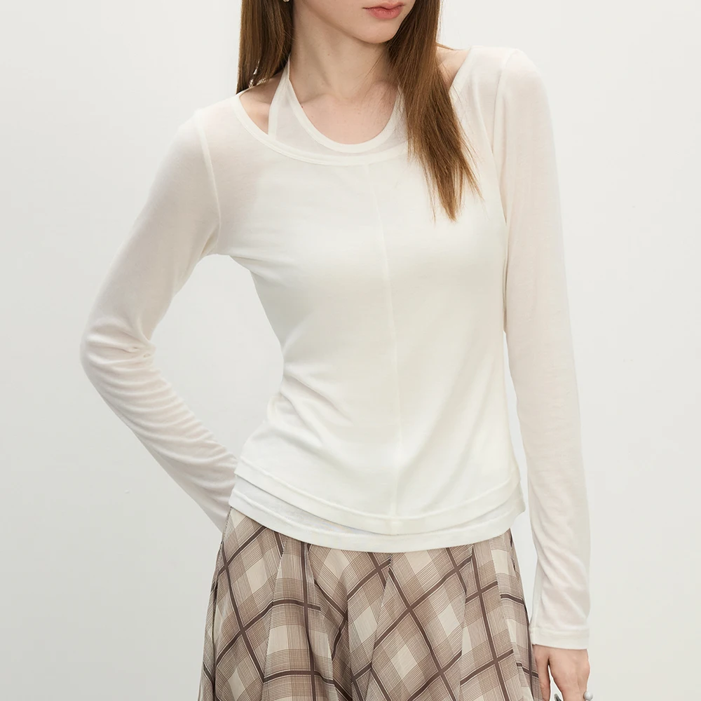 Kf-Scf191840B2574B218239231F0A8Afad7S Fake Two Piece Halter Neckline Long Sleeves Women T Shirt Summer New Design Stylish Design With Wool Shirts 25Fs12526