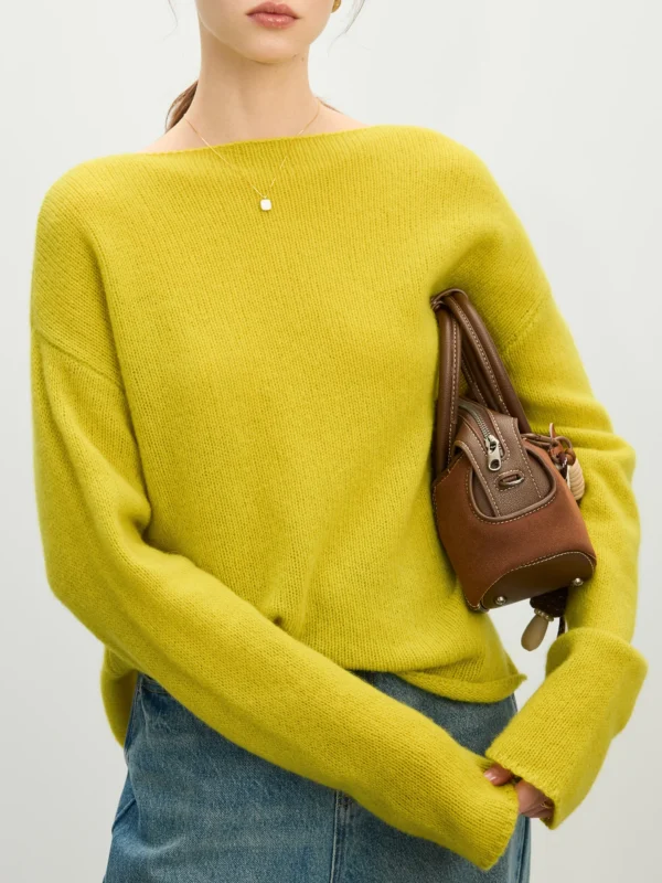 Women’s Wool Knit Pullover Sweater with Boat Collar in Yellow Green