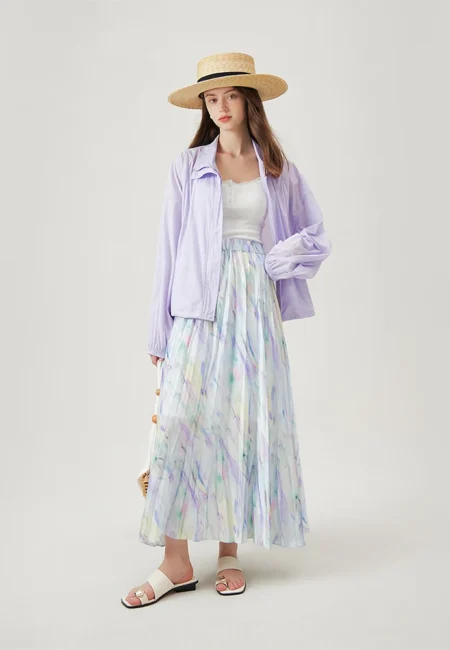 FSLE Long Floral Skirts Elastic Waist High Waist Summer Thin Pleated Ankle Length Light Blue Women Skirt 24FS12895