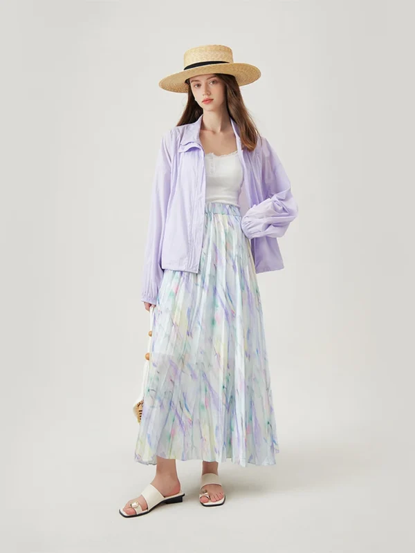 Pleated Light Blue Ankle-Length Skirt with Elastic Waist