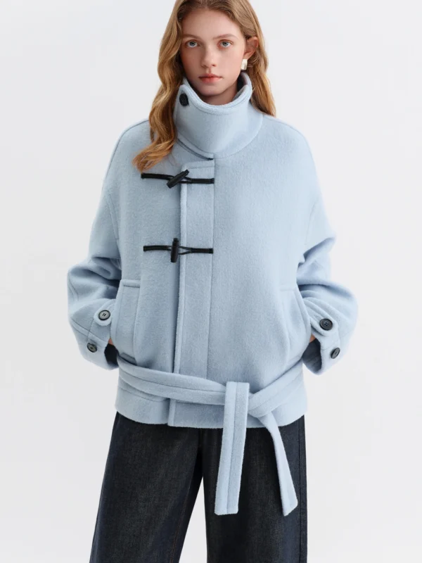 FSLE Winter Women's Retro Pea Coat Short Wool Blend Jacket with Large Lapel Horn Buttons Relaxed Fit Casual Outerwear