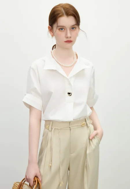 FSLE Summer White French Short Sleeve Shirt Oversized Design Office to Street Linen Blend Chic Top Casual Loose 25FS12138
