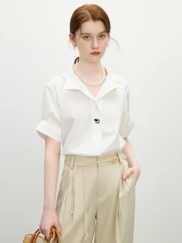 FSLE Summer White French Short Sleeve Shirt Oversized Design Office to Street Linen Blend Chic Top Casual Loose 25FS12138