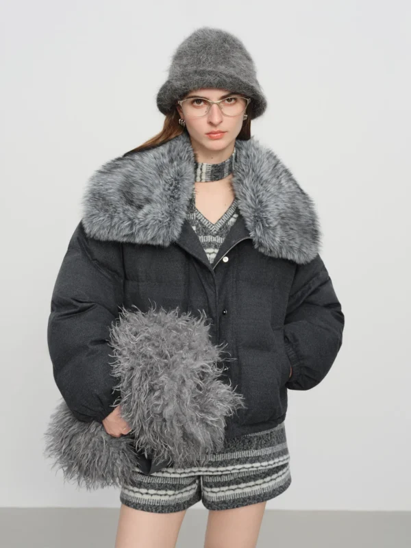 FSLE【Premium Series】Down Jacket for Women New Winter Wool Blend Removable Fur Collar Warm Coat Lightweight Puffer Outerwear