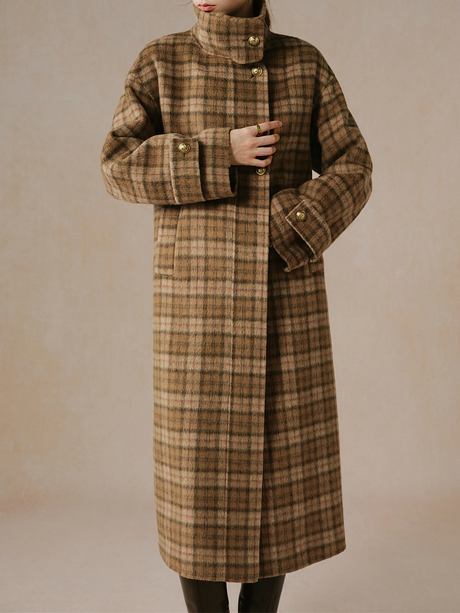 Kf-Se5934549E7084C30Ab1E9Eb2D2D980Ab9 Fsle【3 Colors】Women Woolen Long Jackets Stand Collar Temperament Beige Simple Wool Coat With Sashes Khaki Plaid Coat 24Fs14440