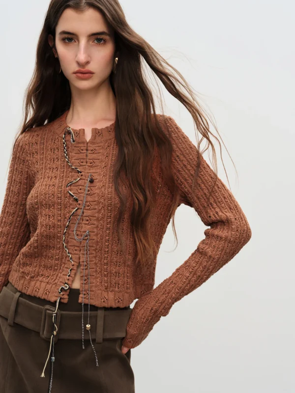 Vintage Cable Knit Hollow-Out Cropped Sweater in Brown