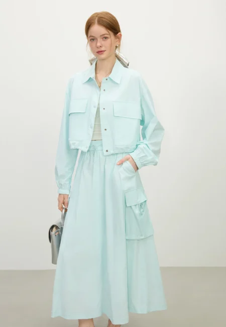 FSLE Blue Workwear Style Sun Protection Suit for Women Summer New Outdoor Jacket Skirt Versatile Casual Two piece Suit