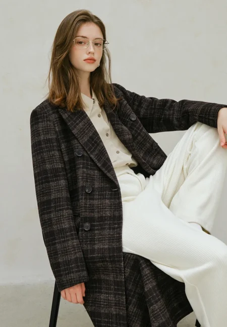 FSLE Autumn Coat College Style High end Green Plaid Double sided Wool Coat for Women Winter New Style Long Wool Coats for Female