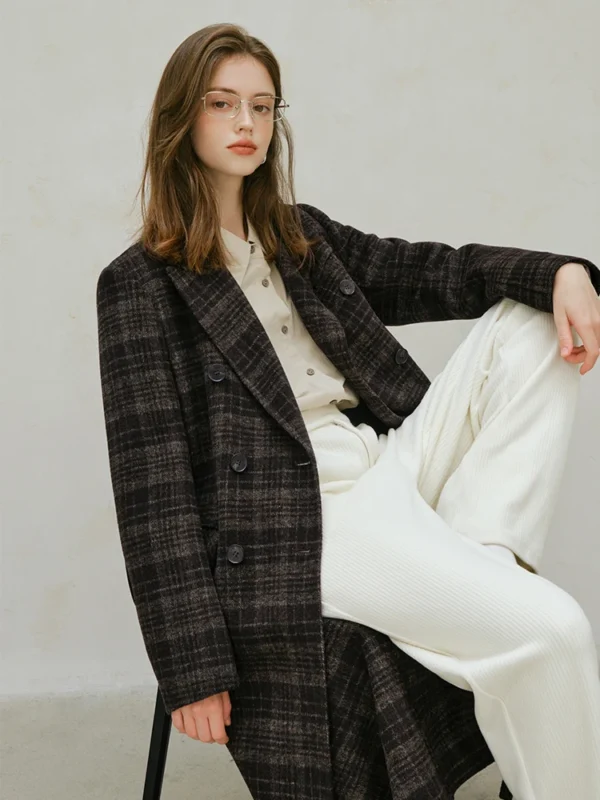 FSLE Autumn Coat College Style High end Green Plaid Double sided Wool Coat for Women Winter New Style Long Wool Coats for Female