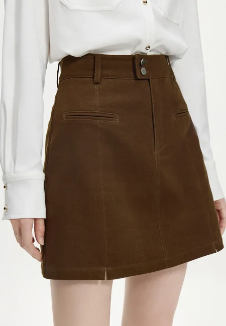 FSLE Women Winter Mini Skirts High Waist Two Button Design Female Twill Retro Denim Red Short Skirt 100% Cotton Skirt 24FS14564