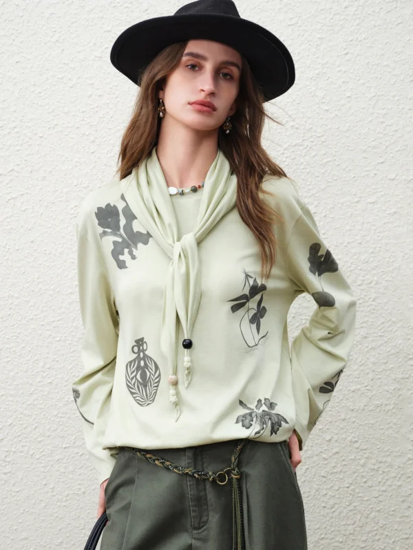 FSLE 【Premium Series】Women Linen Blend Botanical Print Long Sleeve T Shirt 2026 Spring New Arrival Vintage Style Top With Scarf