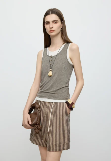 FSLE 【Premium Series】Bold Contrast Colors Two Piece Sleeveless Knit Tank Top for Women Summer New Collection 25FE12082