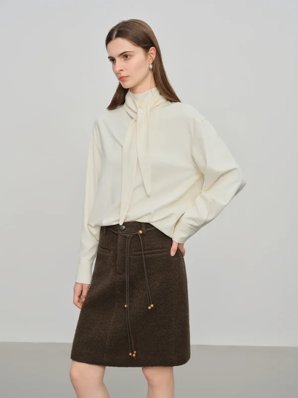 FSLE【Premium Series】Women's Autumn and Winter New Style Pullover Shirt with Ribbon Top Beige Hollow Out Irregular Design