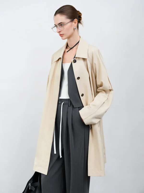 FSLE 【Premium Series】 Khaki A line Lapel Mid length Trench Coat For Women Spring New Design Style Chic Coat 25FS11277