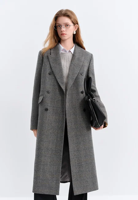 FSLE Blazer Woolen Coat Women's Winter New Korean Retro Woolen Coat Plaid Commuting Warm Mid calf Temperament