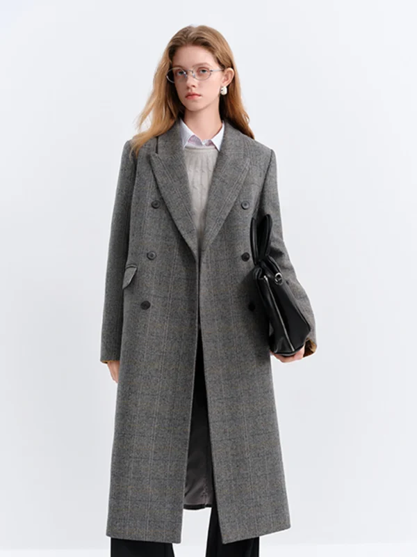 Wool Blend Double-Breasted Mid-Calf Coat with Turn-Down Collar