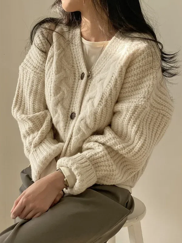 Moopsi 29 2026 Cozy Solid Color Knit Cardigan for Women Loose Lantern Sleeve V neck Button up Sweater Jacket Spring Fall Casual Knitwear