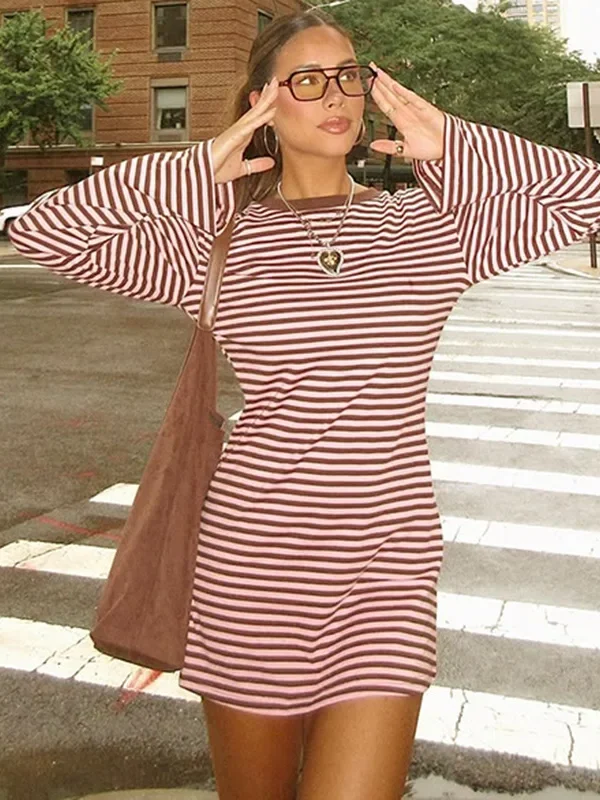 2026 New Fashion Women's Striped Long Sleeve Mini Dress Casual O Neck Fit Brown Pink Dresses Spring/Autumn Long T shirt