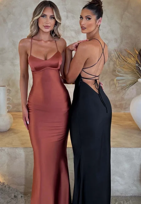 Articat Satin Backless Lace Up Mermaid Slip Dress Women Sweetheart Neck Bodycon Dresses Elegant Silk Gown Partywear