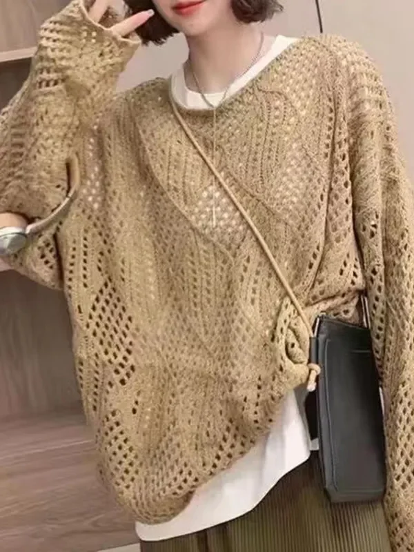 Moopsi 63 Autumn Diamond Grid Hollow Knitted Blouse Women's Korean Solid Long Sleeved O neck Sunscreen Cover Shirt Casual Loose Sweater