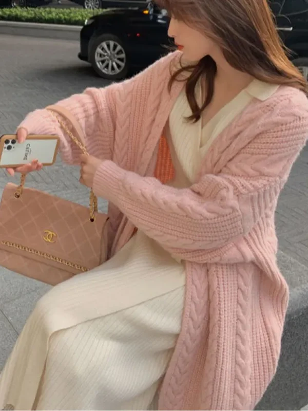Autumn Korean Retro Solid Color Women's Knitted Cardigan New V neck Loose Long Sweater Jacket Elegant Office Lady Knit Top