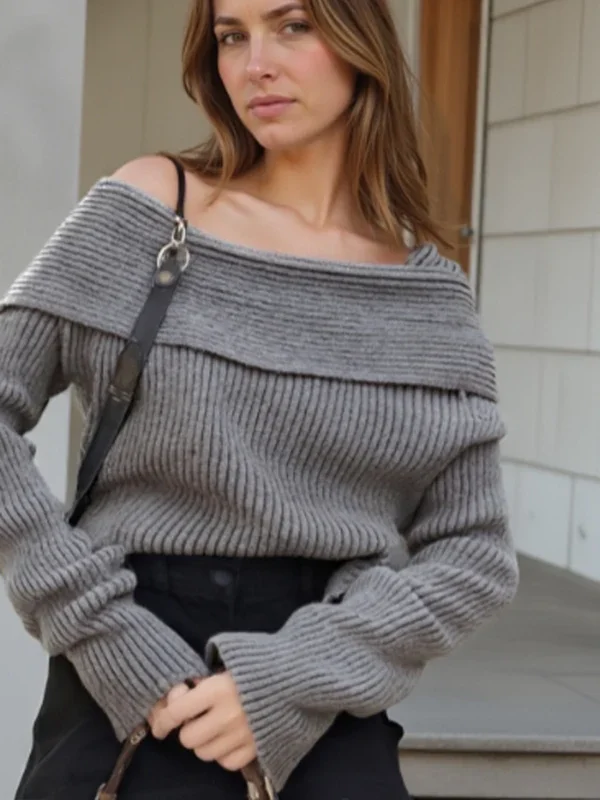 Moopsi 69 Autumn Korean Style Off Shoulder Sweater Fashion Elegant Fit Long Sleeve Knitted Pullover Sweet Grey Knitted Tops 8603