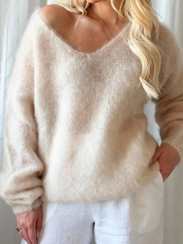 Autumn/Winter V neck Long Sleeved Thin Pullover Casual Women Sweater Fashion Solid Loose Knitted Top Street Knitwear