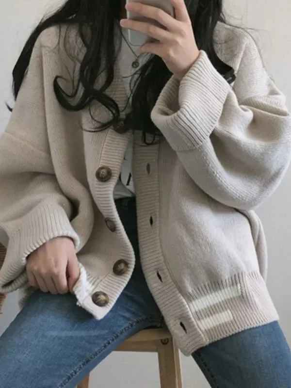 Autumn/winter Korean Loose V neck Knit Cardigan College Style Long Sleeved Sweater Jacket Casual Button Long Cardigan