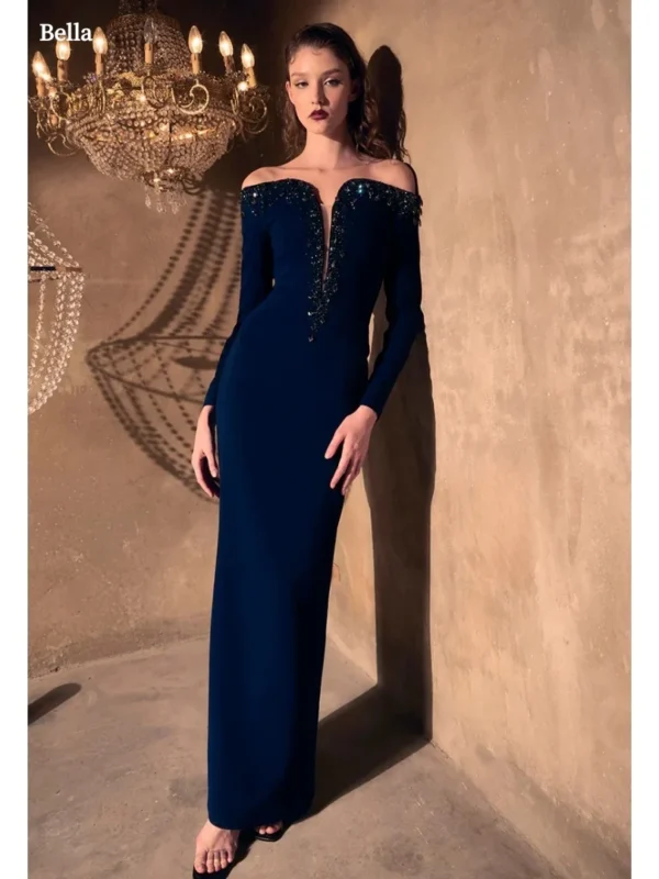 Moopsi 33 Bella Customized Deep Navy Blue Off the shoulder Rhinestone Neck Long Sleeve Fitted Mermaid Maxi Party Dresses Prom Dress
