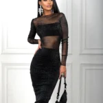 CNYISHE Mesh Patchwork Solid Sheer Bodycon Sheath Midi Party Dresses for Women Long Sleeve Slash Neck Outfits Club Female