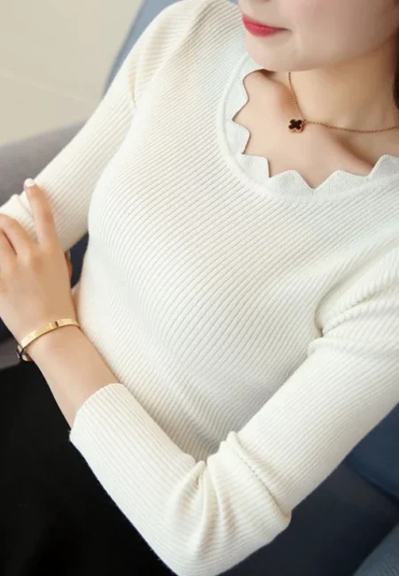 Casual Solid Sweater Women Knitted White Pullover Long Sleeve Tops Autumn Winter Butterfly Neck Jumper Female 7167 50