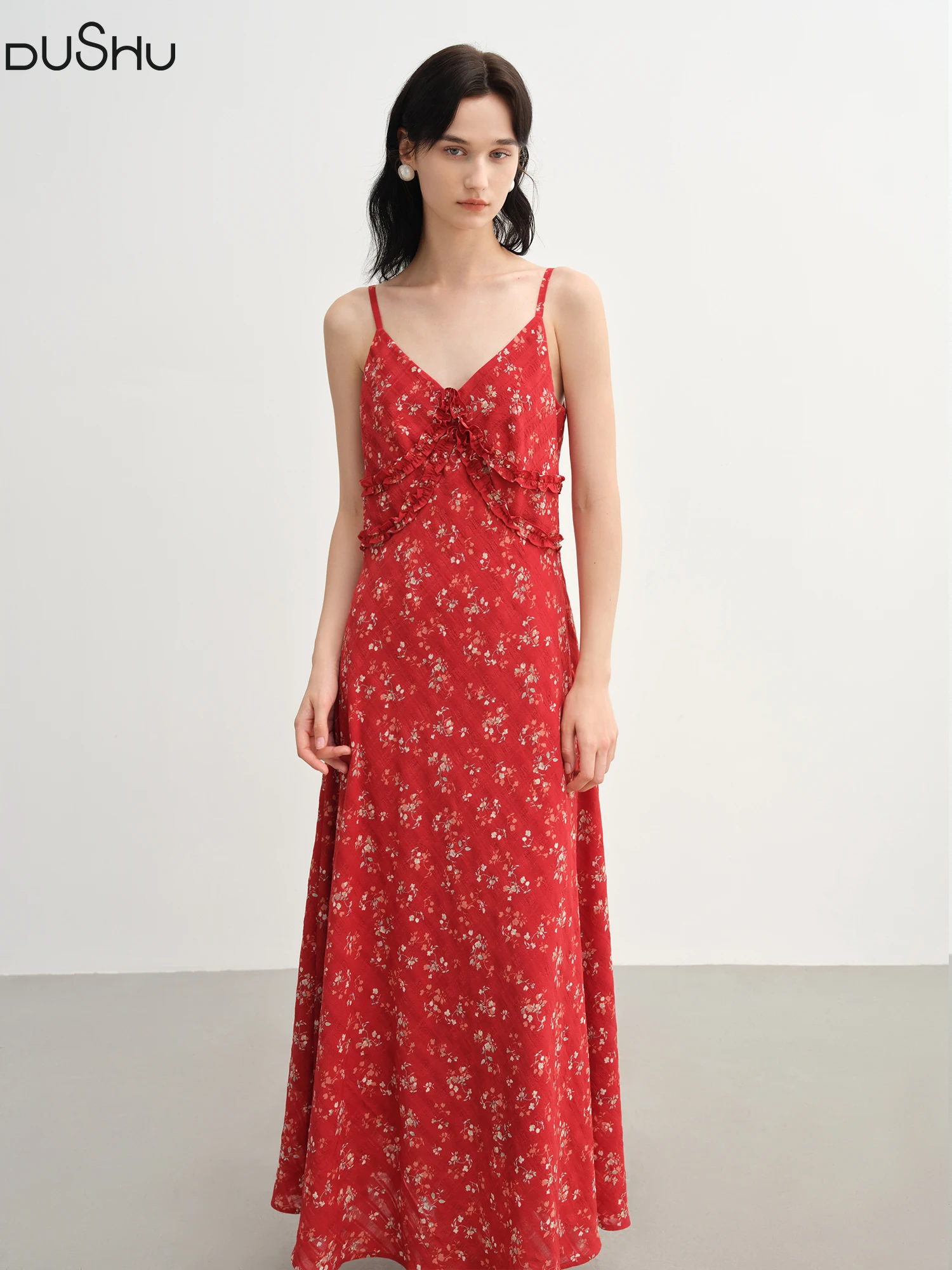 Dushu Summer Women'S Floral Checkered Maxi Dress - Curve-Flattering Ruffle Trim &Amp;Amp; A-Line Silhouette For Elegant Occasions Dushu Summer Women'S Floral Checkered Maxi Dress Curve Flattering Ruffle Trim &Amp;Amp; A Line Silhouette For Elegant Occasions