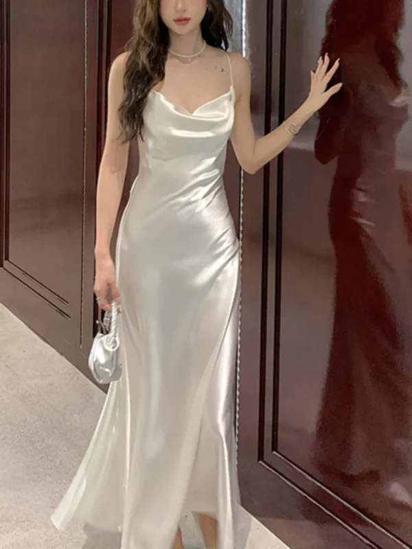 Ele Silk Satin Dopane White Strap Dr Women Summer Mid Length Slip Dr Inner Wear A Line Skirt Commute Sle High