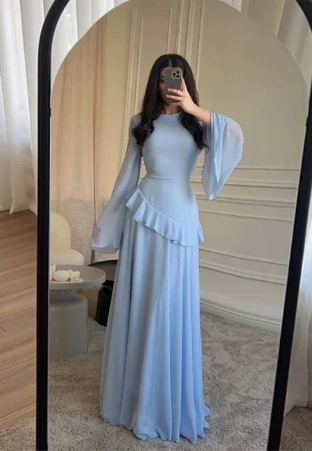 Elegant Blue Chiffon Long Dress Women Solid O Neck Flare Sleeve Ruffled Maxi Dress 2026 Lady Chic Wedding Guest Party Robes