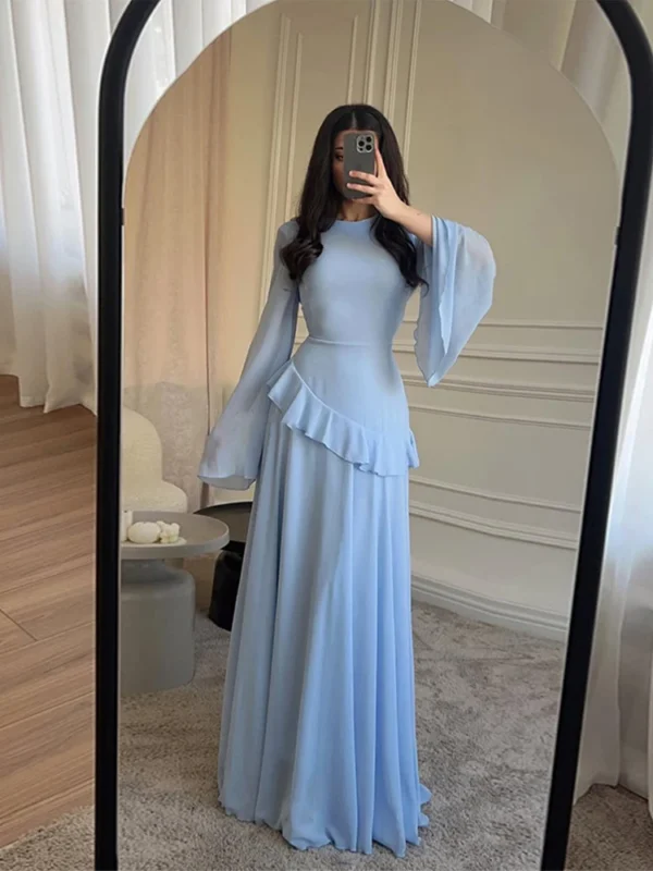 Elegant Blue Chiffon Maxi Dress with Flare Sleeves and Ruffles