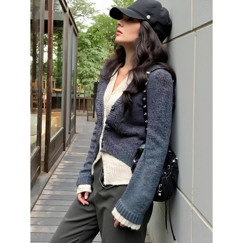 Elegant Button Sweater Fashion Long Sleeve False Two-piece Knitted Top Korean Style Autumn V-neck Cardigan Casual Knitwear Elegant Button Sweater Fashion Long Sleeve False Two piece Knitted Top Korean Style Autumn V neck Cardigan Casual Knitwear