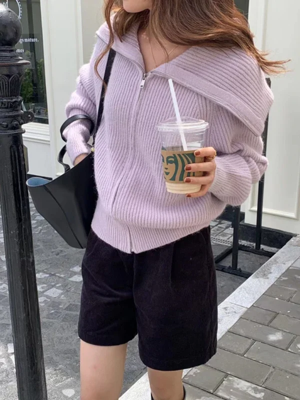 Moopsi 33 Elegant Solid Color Loose Knitted Jacket Autumn Long Sleeve Women Sweater Zipper Cardigan Korean Style Knitwear for Women