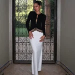 Elegant Splicing Lace Satin Maxi Dress Women Front Hollow Out Long Sleeves ming Long Skirts 2026 NEW Lady Party Dresses