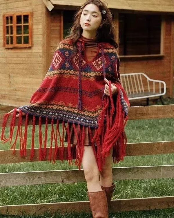 Retro Embroidered Tassel Knitted Shawl for Women