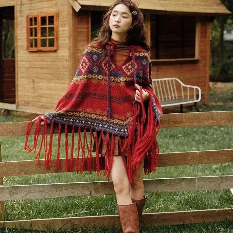 Ethnic style spring and autumn retro embroidery tassel warm scarf loose knitted shawl wholesale for women casual cape coat