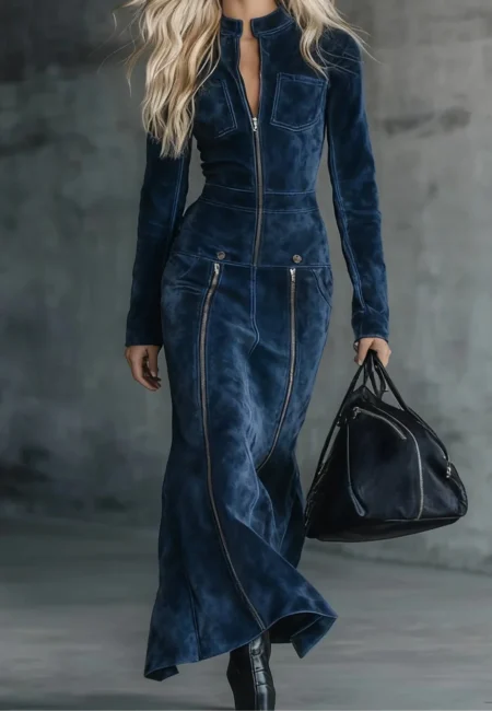 French Vintage Inspired Faux Suede Multi Zip Fit Dress for Women Elegant Stand Collar Long Sleeve Chic Ethnic Long Dress