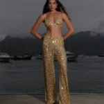 Glitter Sequin Pants Set Women Summer Fashion Bikini Tops And Trouser Matching Sets Female Beach Club Party Pants Set