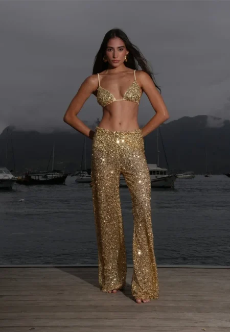Glitter Sequin Pants Set Women Summer Fashion Bikini Tops And Trouser Matching Sets Female Beach Club Party Pants Set