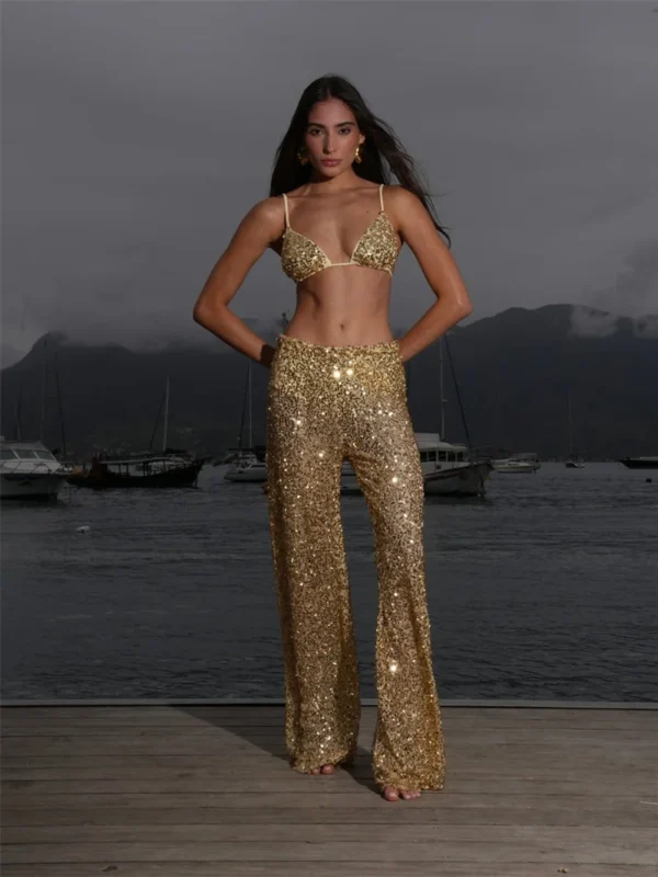 Sequin Two-Piece Pants Set with Bikini Top