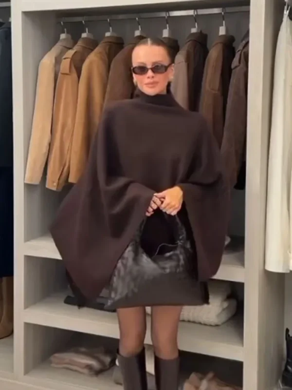 HH Women's New Fashion Versatile Solid Stand Collar Knitted Cape Coat Female Casual High Street Asymmetric 3 Colors Jacket Mujer