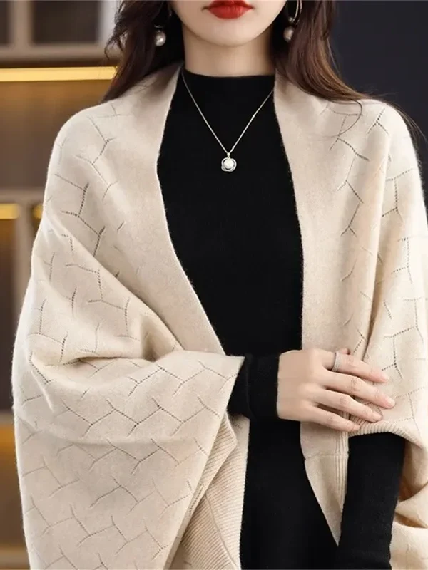High Luxury Boutique Wool Knitted Shawl Scarf Dual use Sutumn Snd Winter New Item Solid Color Loose and Outer Cloak Cardigan
