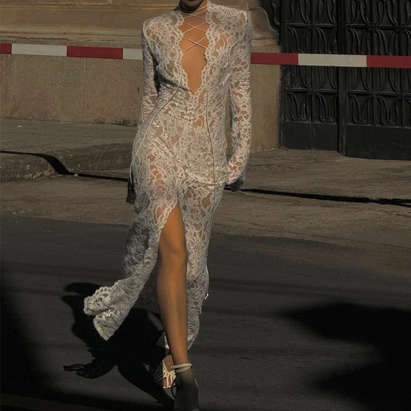 Hollow Out Lace Sheer Draped Maxi Dress for Women Bandage Lace Up Split Long Sleeve Dresses Coquette Vestido Hollow Out Lace Sheer Draped Maxi Dress for Women Bandage Lace Up Split Long Sleeve Dresses Coquette Vestido