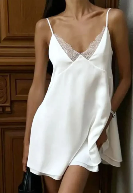 Lace Satin V Neck Mini Dress Elegant Women's Slip Backless Sleeveless Patchwork Silk Short Dresses White Summer Beach Trip