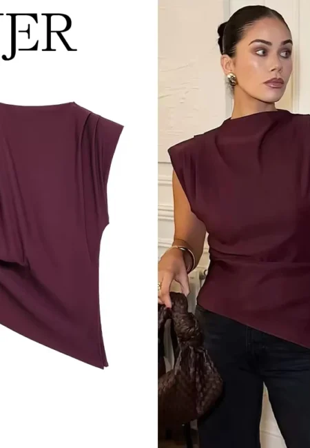 MUJER Asymmetric Tank Top Women Ruched Sleeveless Tops for Women Spring Aesthetic Tops Woman Fashion High Neck Top Female